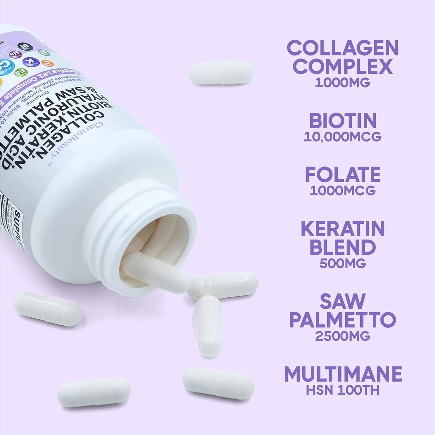 Natural Collagen Pills with Biotin, Keratin, Saw Palmetto, Hyaluronic Acid, Pumpkin Seed, Vitamin C & E - 1000mg/10000mcg/2500mg