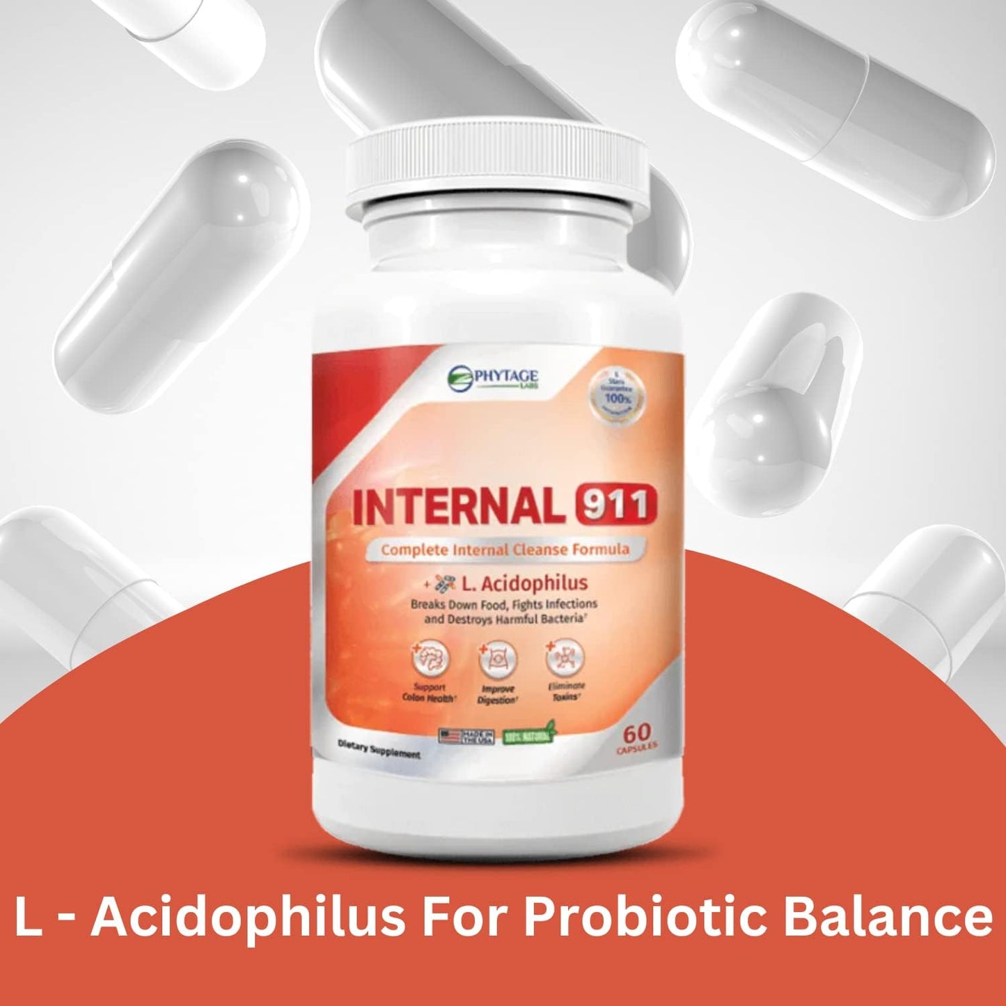 Natural Colon Cleanse Detox Supplement - Internal 911 by Phytage Labs - 60 Capsules for Better Digestion and Radiant Skin