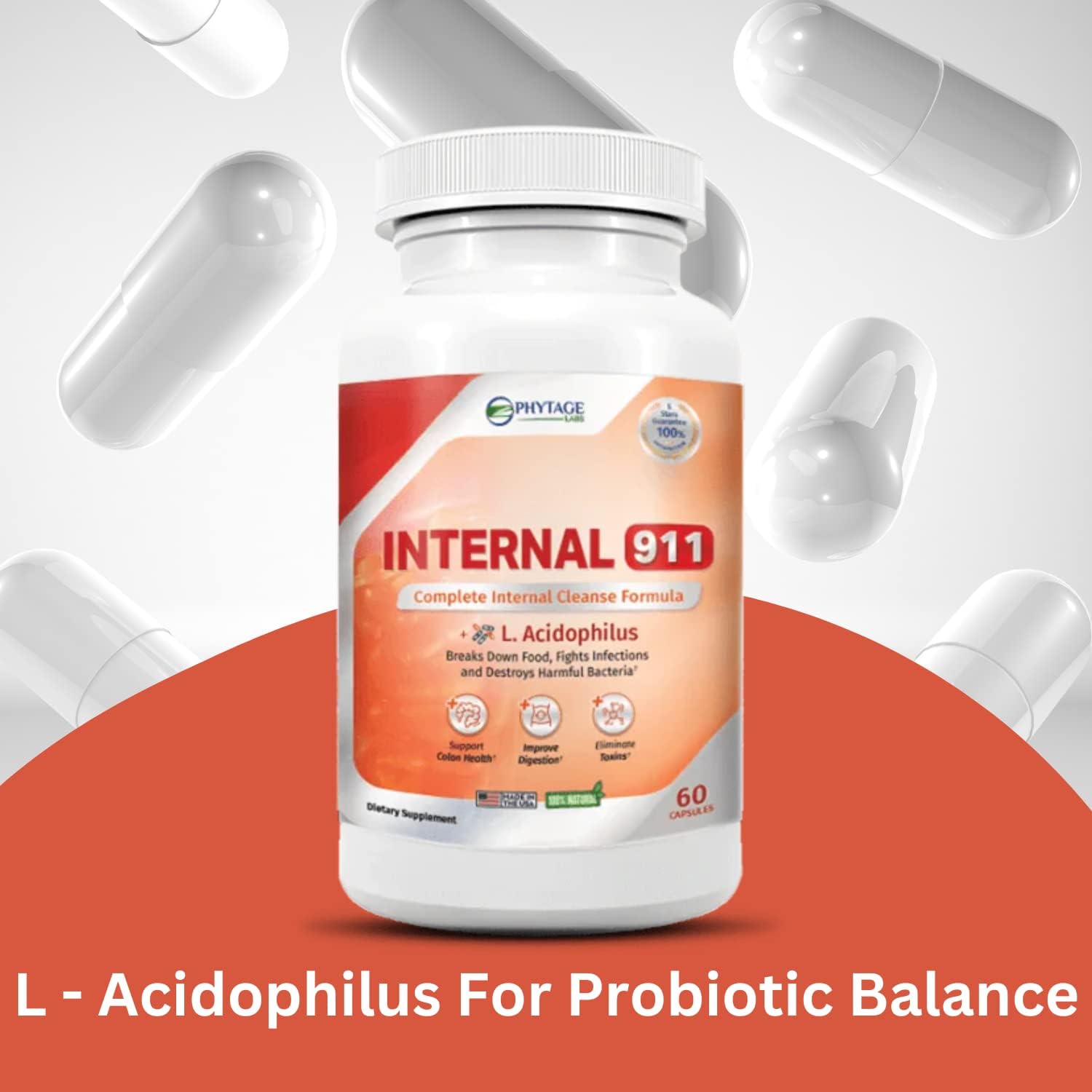 Natural Colon Cleanse Detox Supplement - Internal 911 by Phytage Labs - 60 Capsules for Better Digestion and Radiant Skin