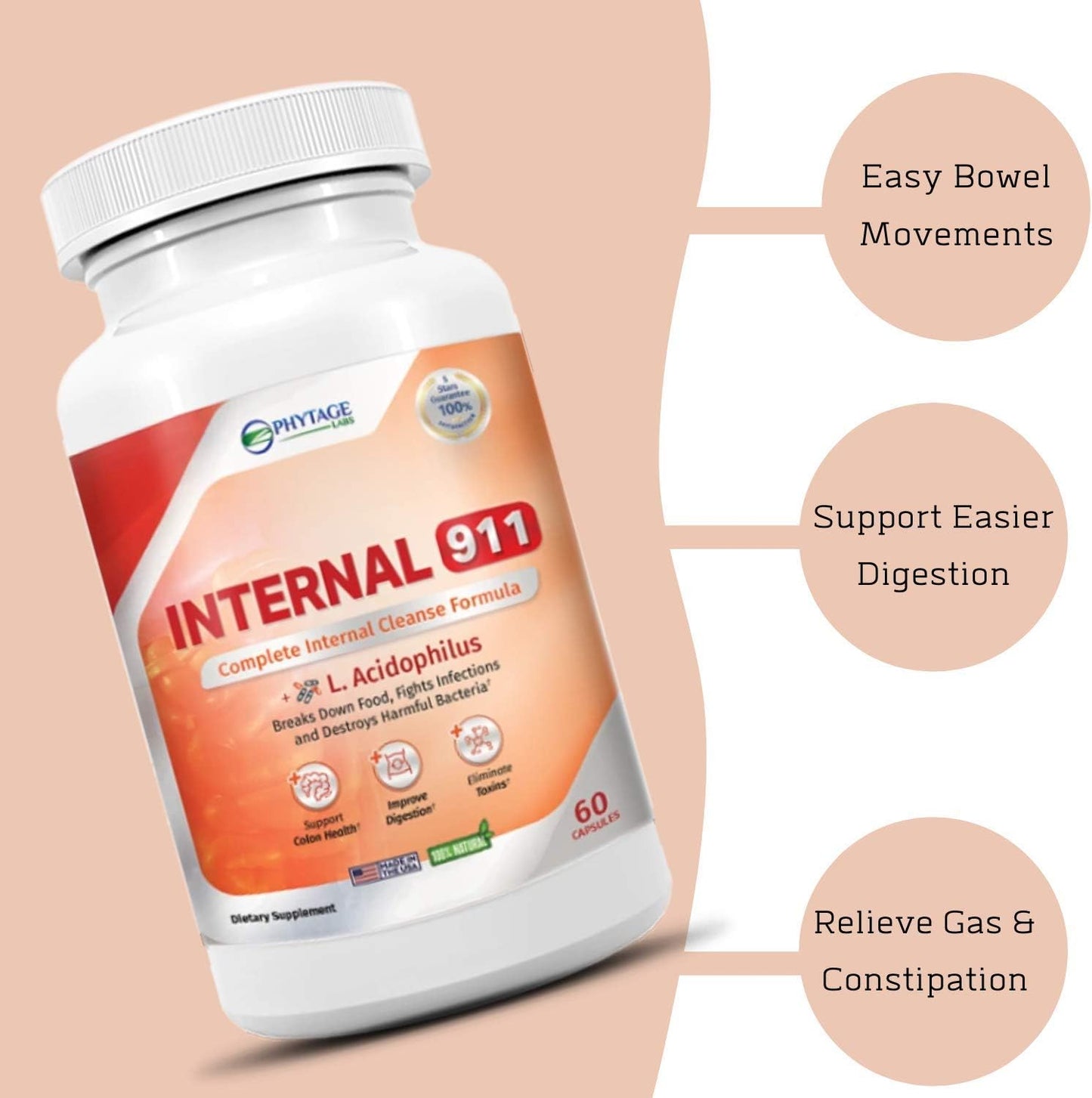 Natural Colon Cleanse Detox Supplement - Internal 911 by Phytage Labs - 60 Capsules for Better Digestion and Radiant Skin