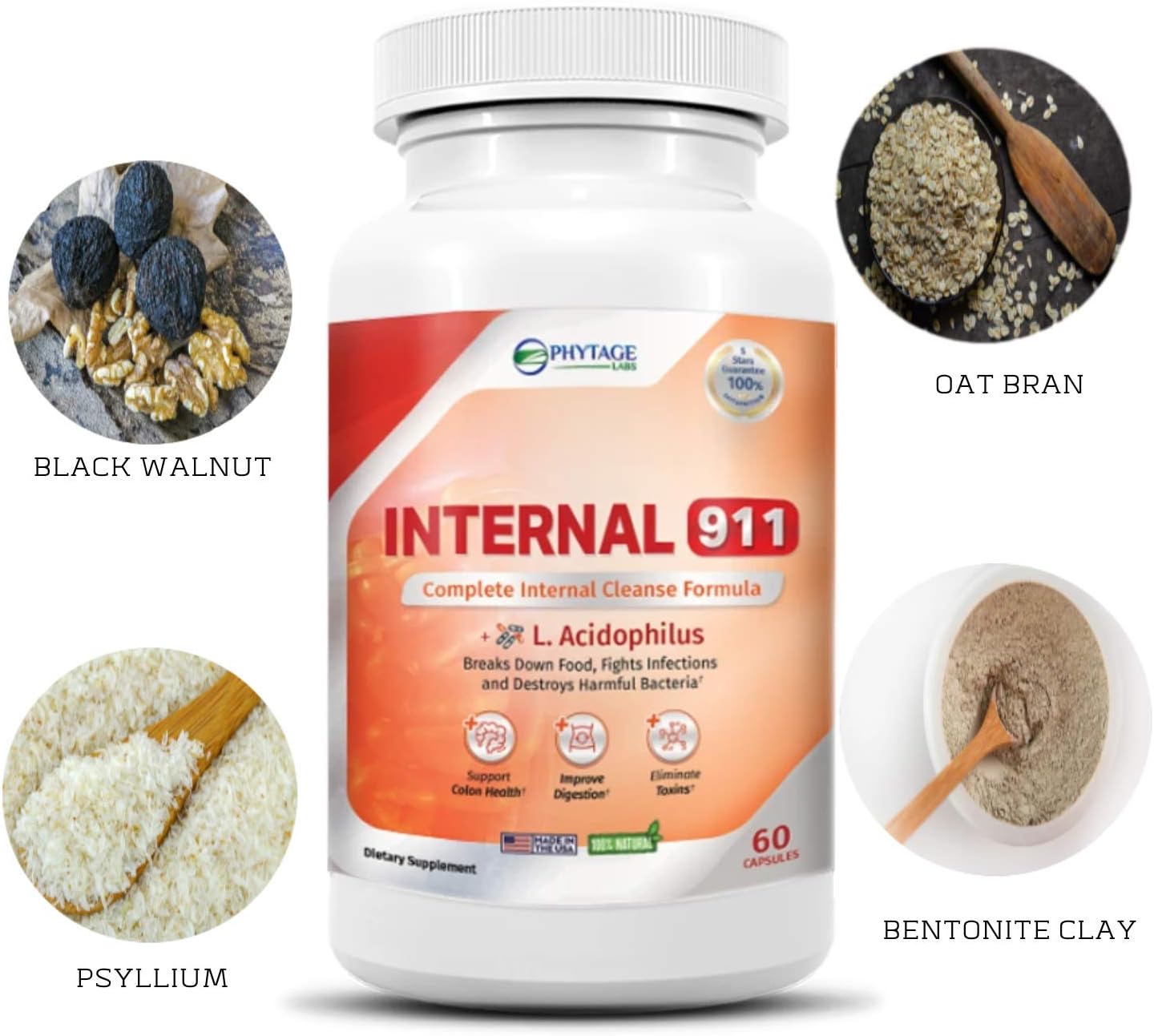 Natural Colon Cleanse Detox Supplement - Internal 911 by Phytage Labs - 60 Capsules for Better Digestion and Radiant Skin