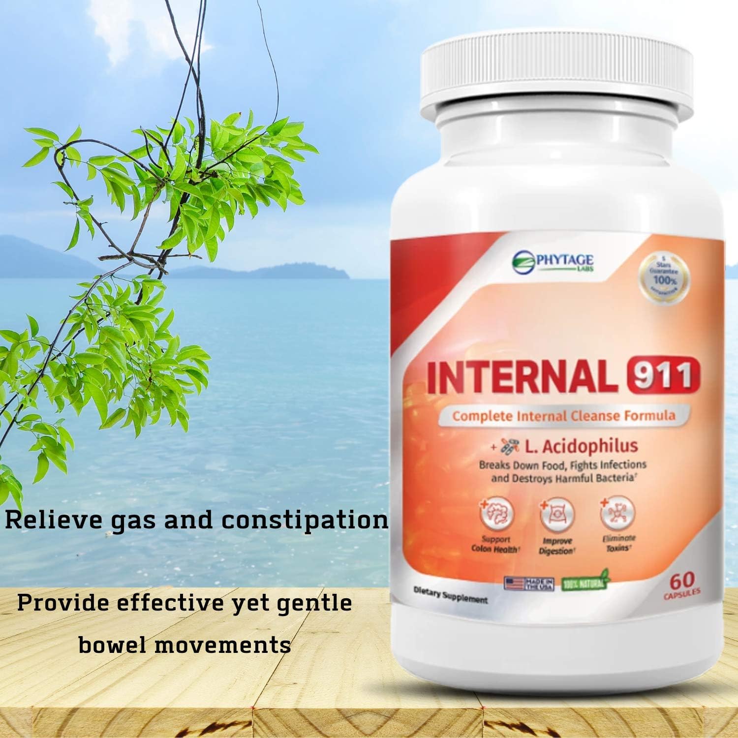 Natural Colon Cleanse Detox Supplement - Internal 911 by Phytage Labs - 60 Capsules for Better Digestion and Radiant Skin