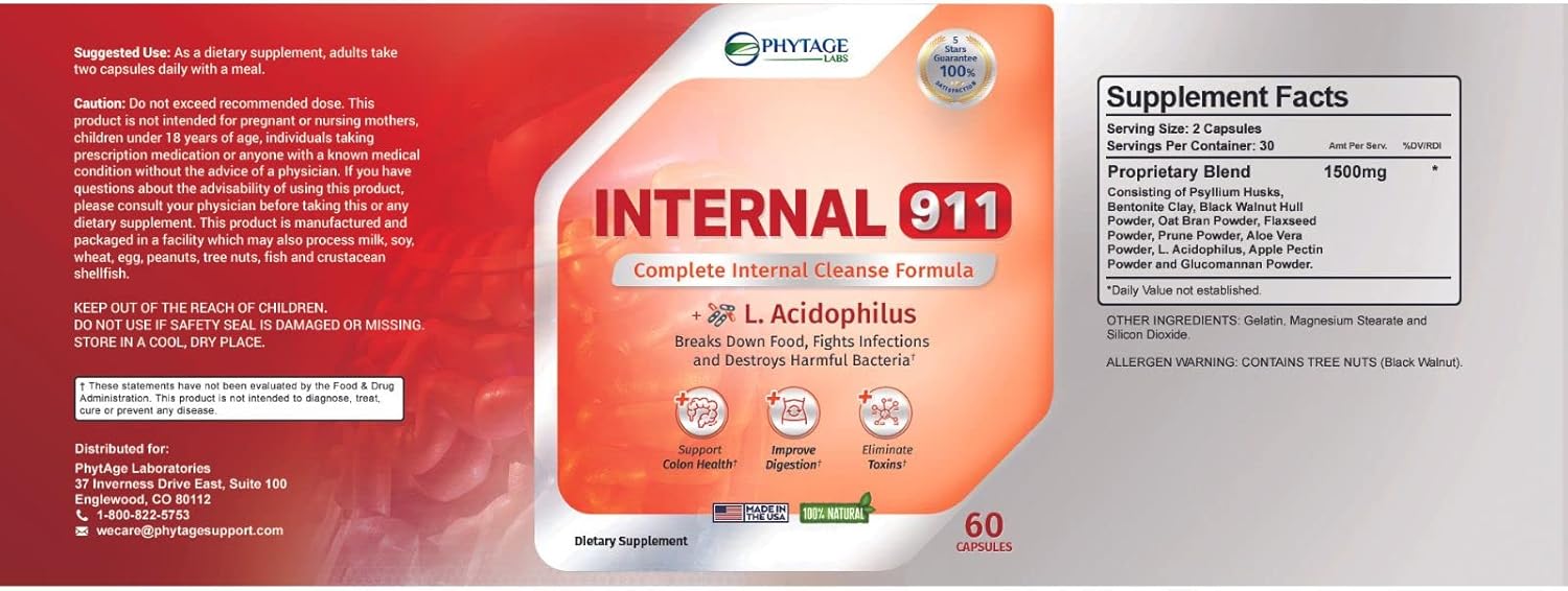 Natural Colon Cleanse Detox Supplement - Internal 911 by Phytage Labs - 60 Capsules for Better Digestion and Radiant Skin