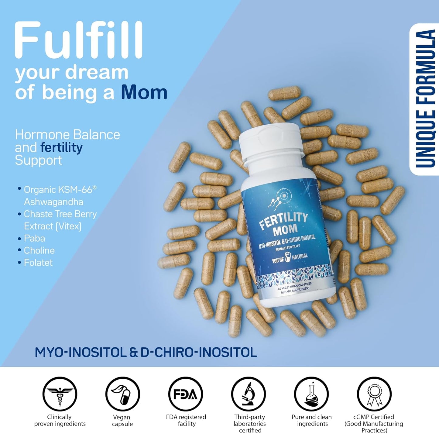 Natural Conception Fertility Vitamins for Women - Prenatal Support with Myo-Inositol, D-Chiro Inositol, Folate - Regulates Cycle, Aids Ovulation, Hormonal & Ovarian Support - Vitex - 30 Day Supply