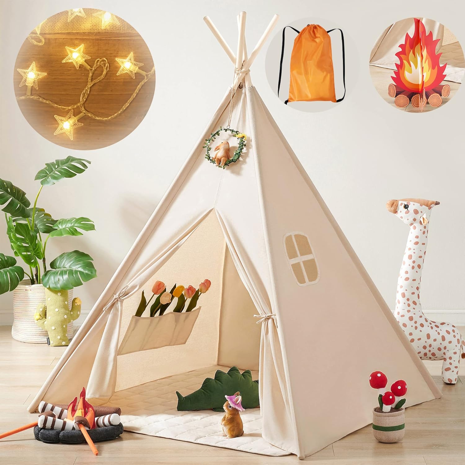 Natural Cotton Canvas Teepee Tent with Lights & Campfire Toy - Washable Indoor/Outdoor Play Tent for Kids with Carry Case - Tiny Land Kids Teepee