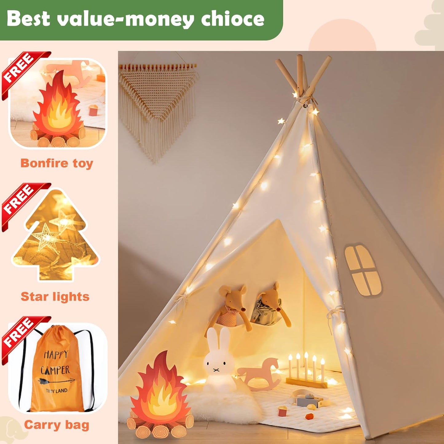 Natural Cotton Canvas Teepee Tent with Lights & Campfire Toy - Washable Indoor/Outdoor Play Tent for Kids with Carry Case - Tiny Land Kids Teepee