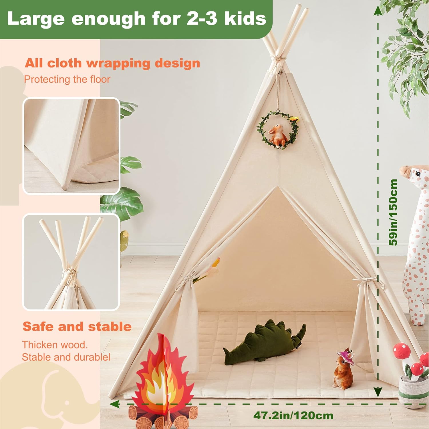 Natural Cotton Canvas Teepee Tent with Lights & Campfire Toy - Washable Indoor/Outdoor Play Tent for Kids with Carry Case - Tiny Land Kids Teepee