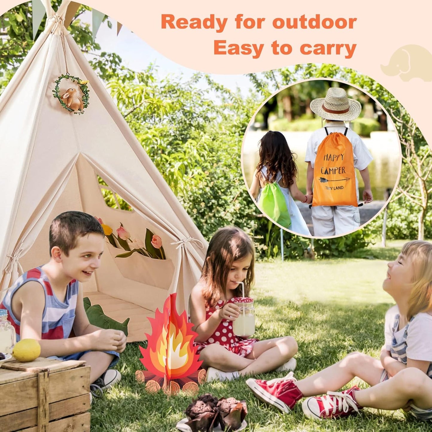 Natural Cotton Canvas Teepee Tent with Lights & Campfire Toy - Washable Indoor/Outdoor Play Tent for Kids with Carry Case - Tiny Land Kids Teepee
