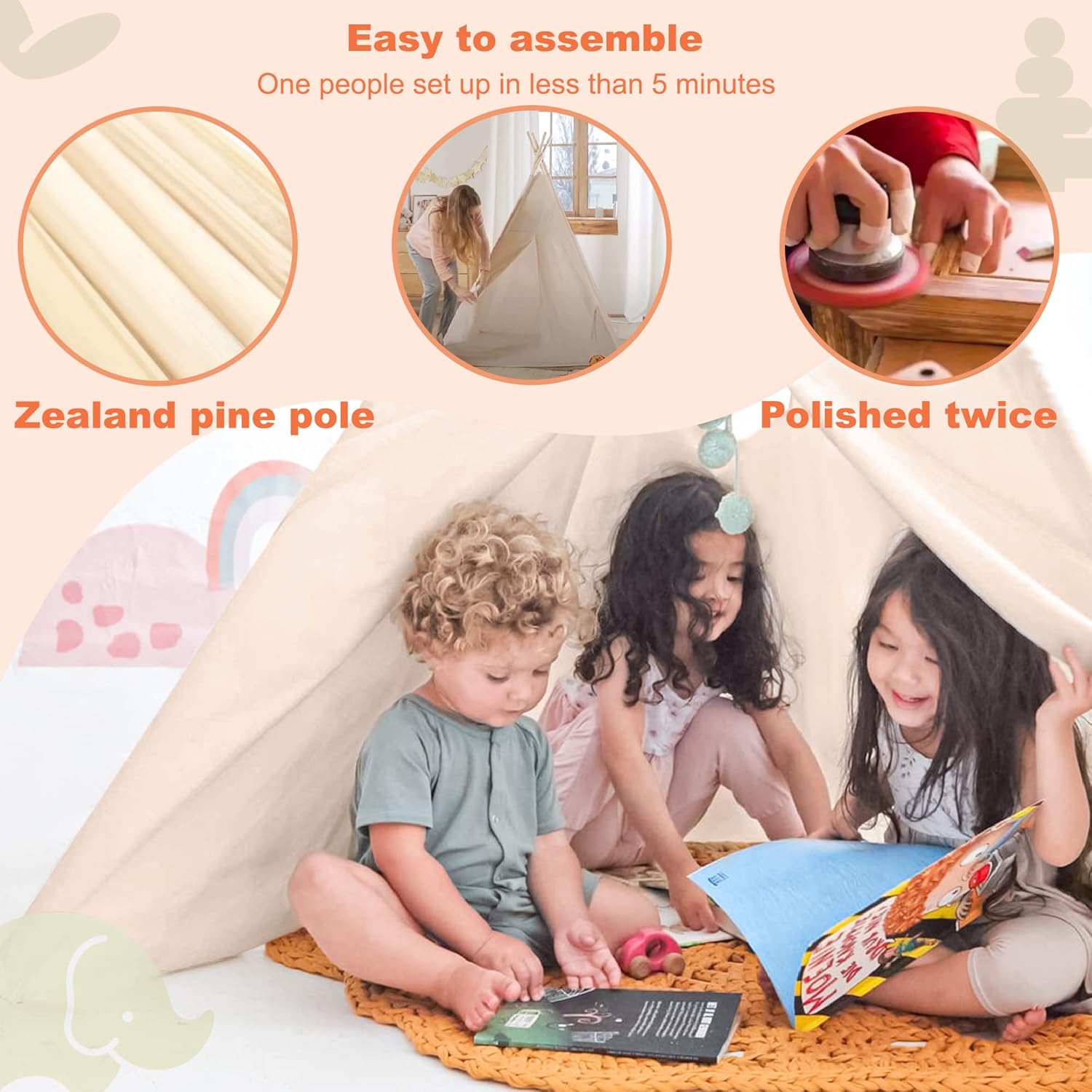 Natural Cotton Canvas Teepee Tent with Lights & Campfire Toy - Washable Indoor/Outdoor Play Tent for Kids with Carry Case - Tiny Land Kids Teepee
