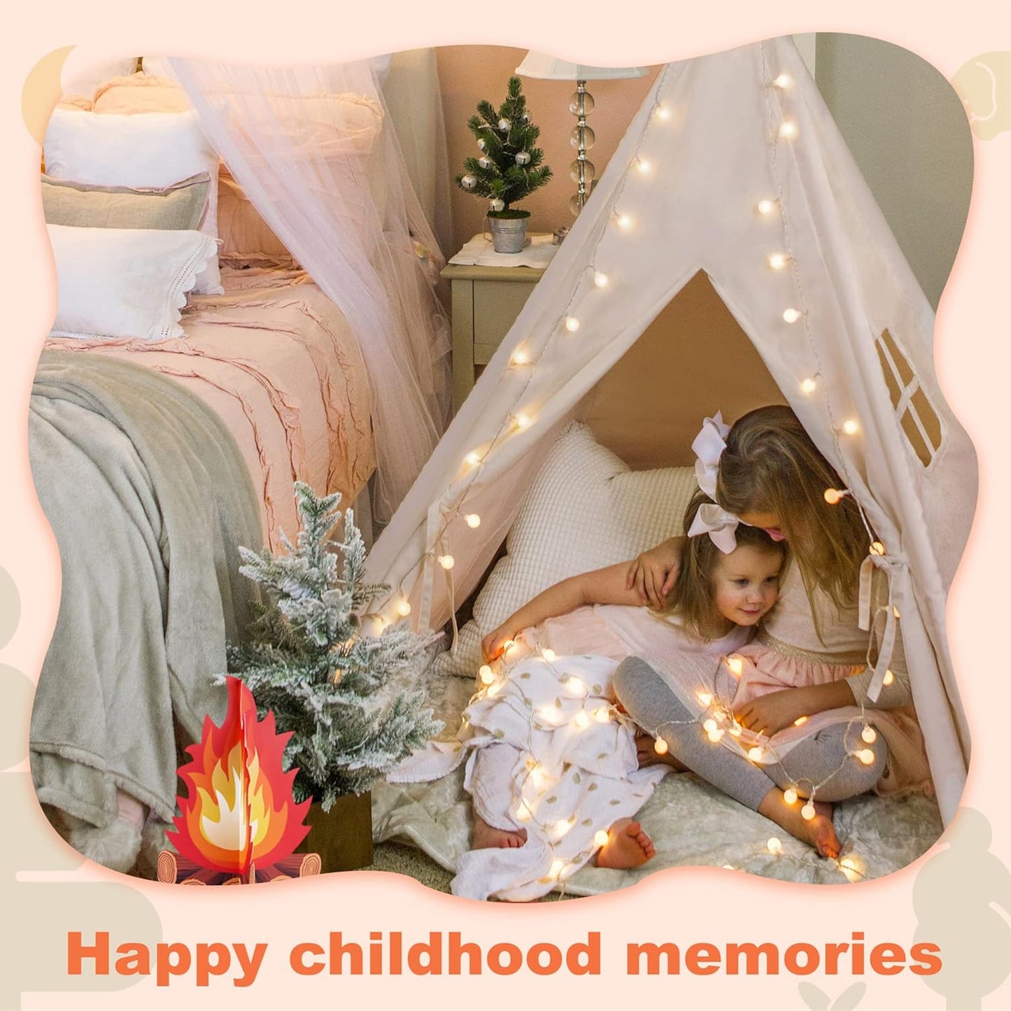 Natural Cotton Canvas Teepee Tent with Lights & Campfire Toy - Washable Indoor/Outdoor Play Tent for Kids with Carry Case - Tiny Land Kids Teepee