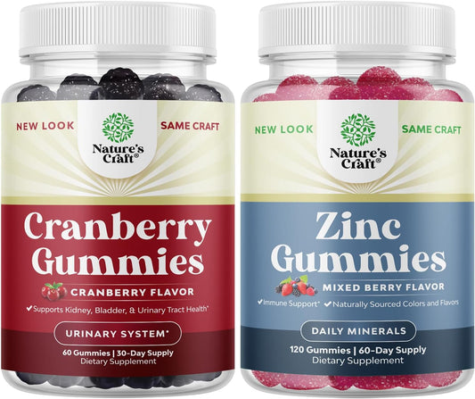 Natural Cranberry and Zinc Gummies Bundle for Adults - Antioxidant and Immunity Support - Delicious Chewable Supplements for Men and Women