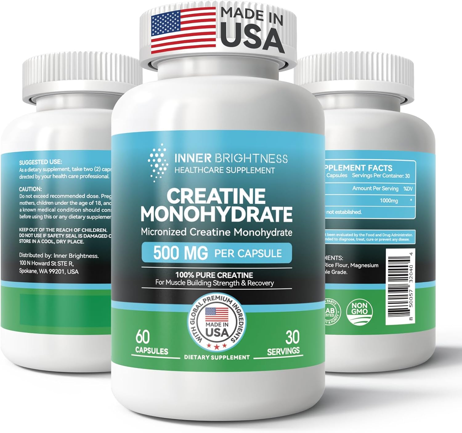 Natural Creatine Monohydrate Capsules for Muscle Building, Endurance & Strength - Workout Supplement for Men & Women - Non-GMO, Gluten Free - 60 Capsules