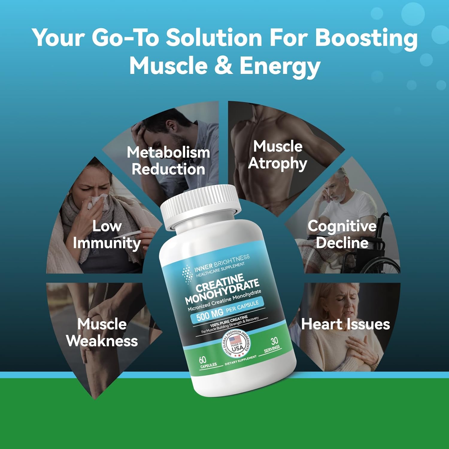 Natural Creatine Monohydrate Capsules for Muscle Building, Endurance & Strength - Workout Supplement for Men & Women - Non-GMO, Gluten Free - 60 Capsules