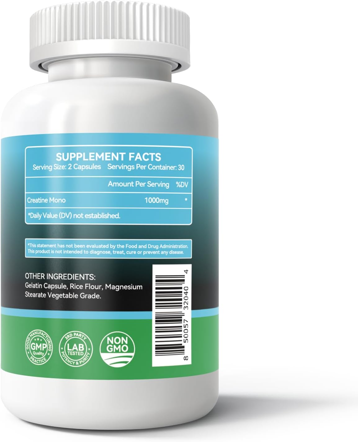 Natural Creatine Monohydrate Capsules for Muscle Building, Endurance & Strength - Workout Supplement for Men & Women - Non-GMO, Gluten Free - 60 Capsules