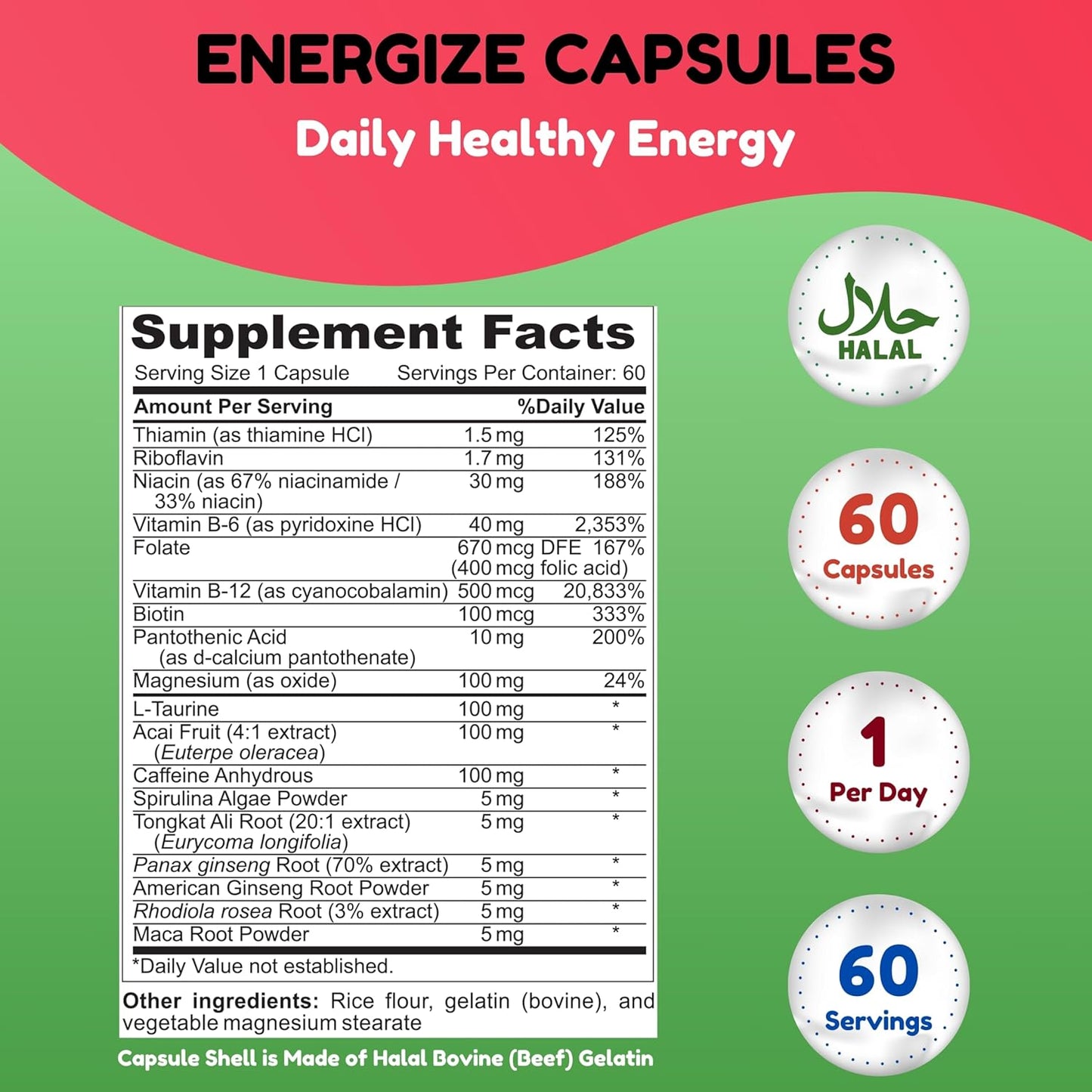 Natural Daily Energy Vitamins for Focus, Mood & Metabolism | Caffeine & Taurine, B Vitamins | 60 Servings, Jitter-Free Halal Formula by SHIFAA NUTRITION
