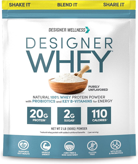 Natural Designer Wellness Whey Protein Powder with Probiotics, Fiber, and B-Vitamins - Gluten-Free, Unflavored - 2 lb