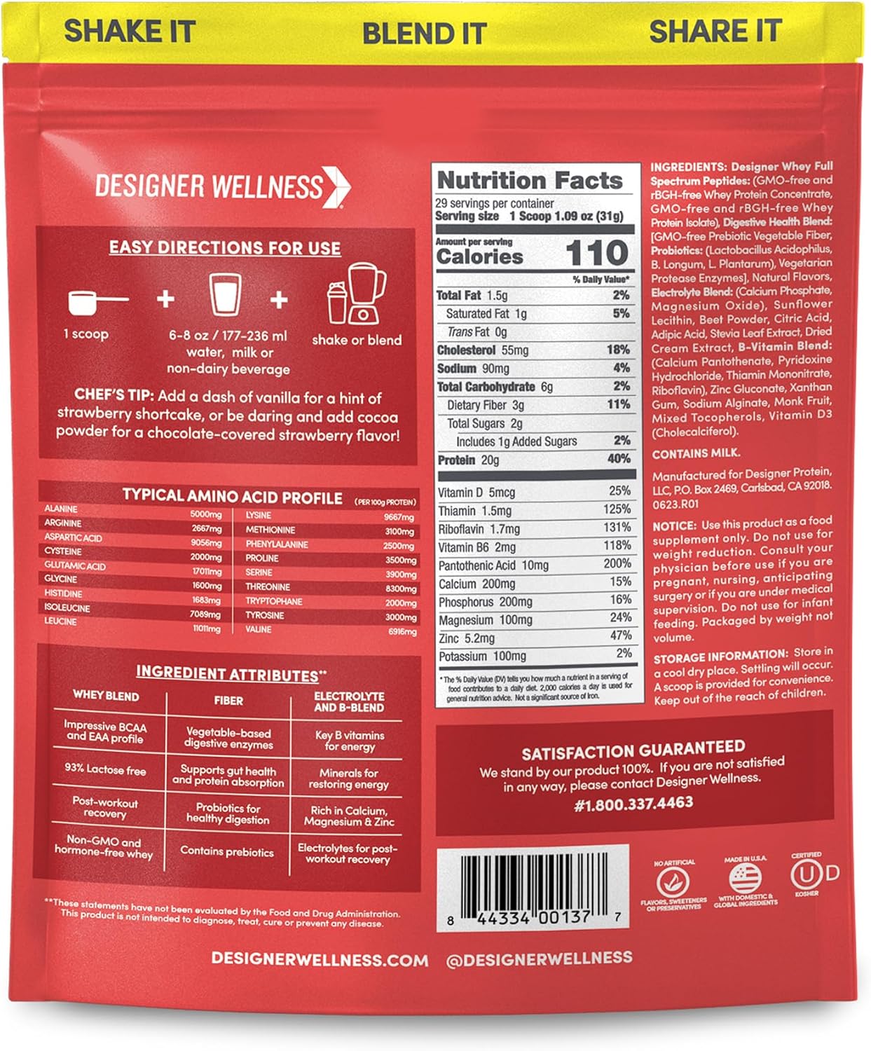 Natural Designer Whey Protein Powder with Probiotics, Fiber, and B-Vitamins for Energy - Gluten-Free, Summer Strawberry Flavor - 2 lb