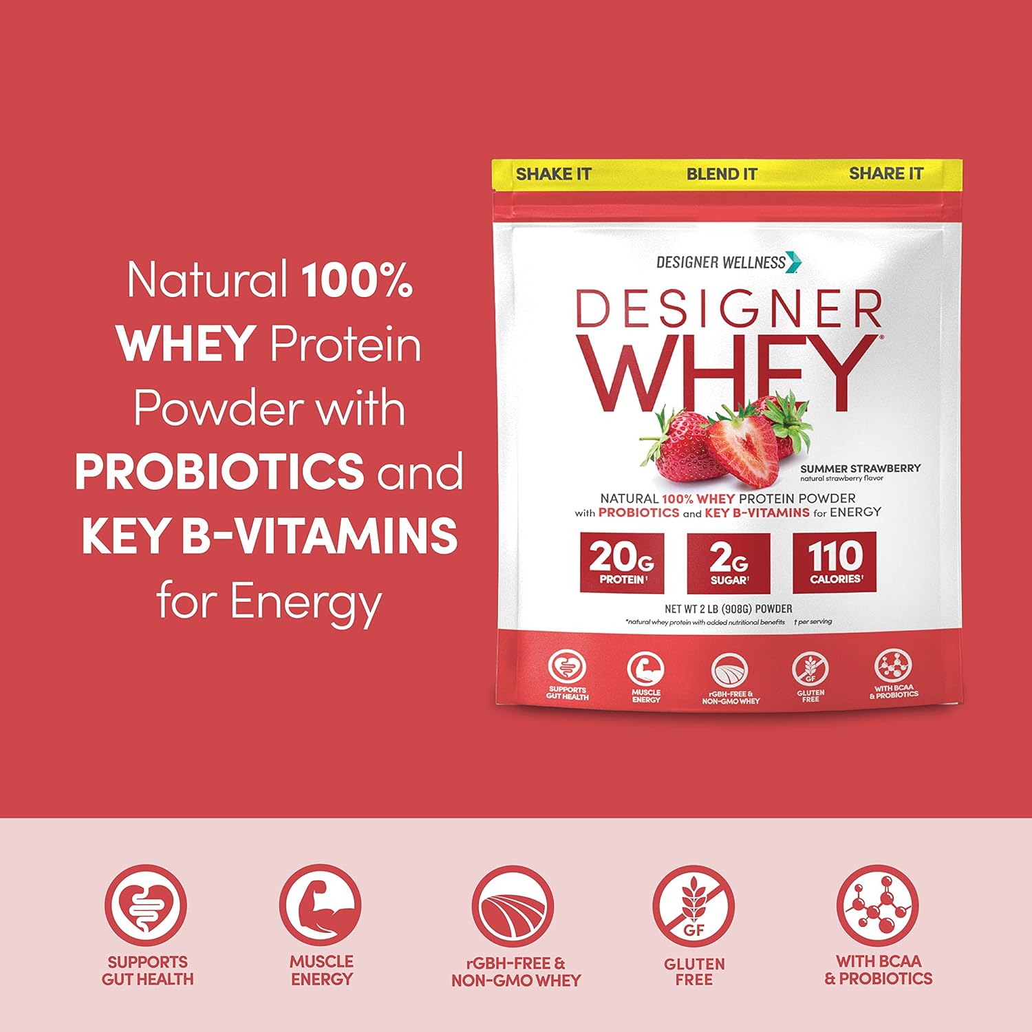 Natural Designer Whey Protein Powder with Probiotics, Fiber, and B-Vitamins for Energy - Gluten-Free, Summer Strawberry Flavor - 2 lb
