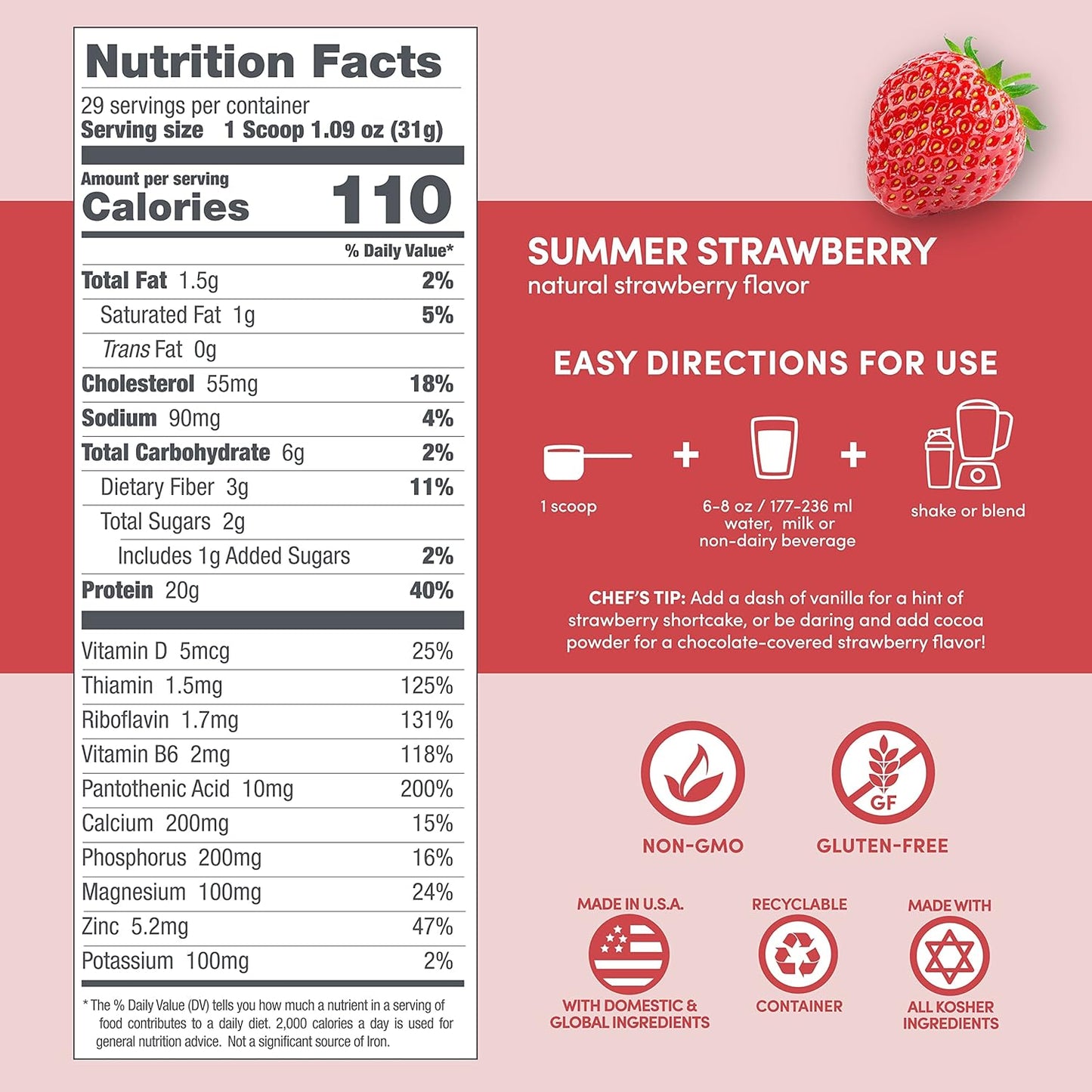 Natural Designer Whey Protein Powder with Probiotics, Fiber, and B-Vitamins for Energy - Gluten-Free, Summer Strawberry Flavor - 2 lb