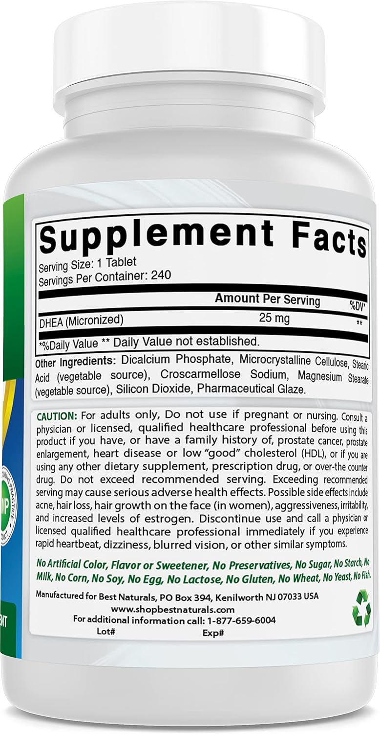Natural DHEA Supplement 25mg - 240 Tablets for Hormone Balance in Men & Women - Healthy Aging Support - Made in USA