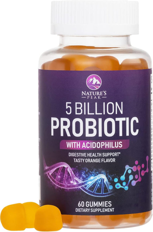 Natural Digestive Health Probiotic Gummies - 5 Billion CFUs, 6 Strains, Orange Flavor - Gut & Immune Support - 60 Count