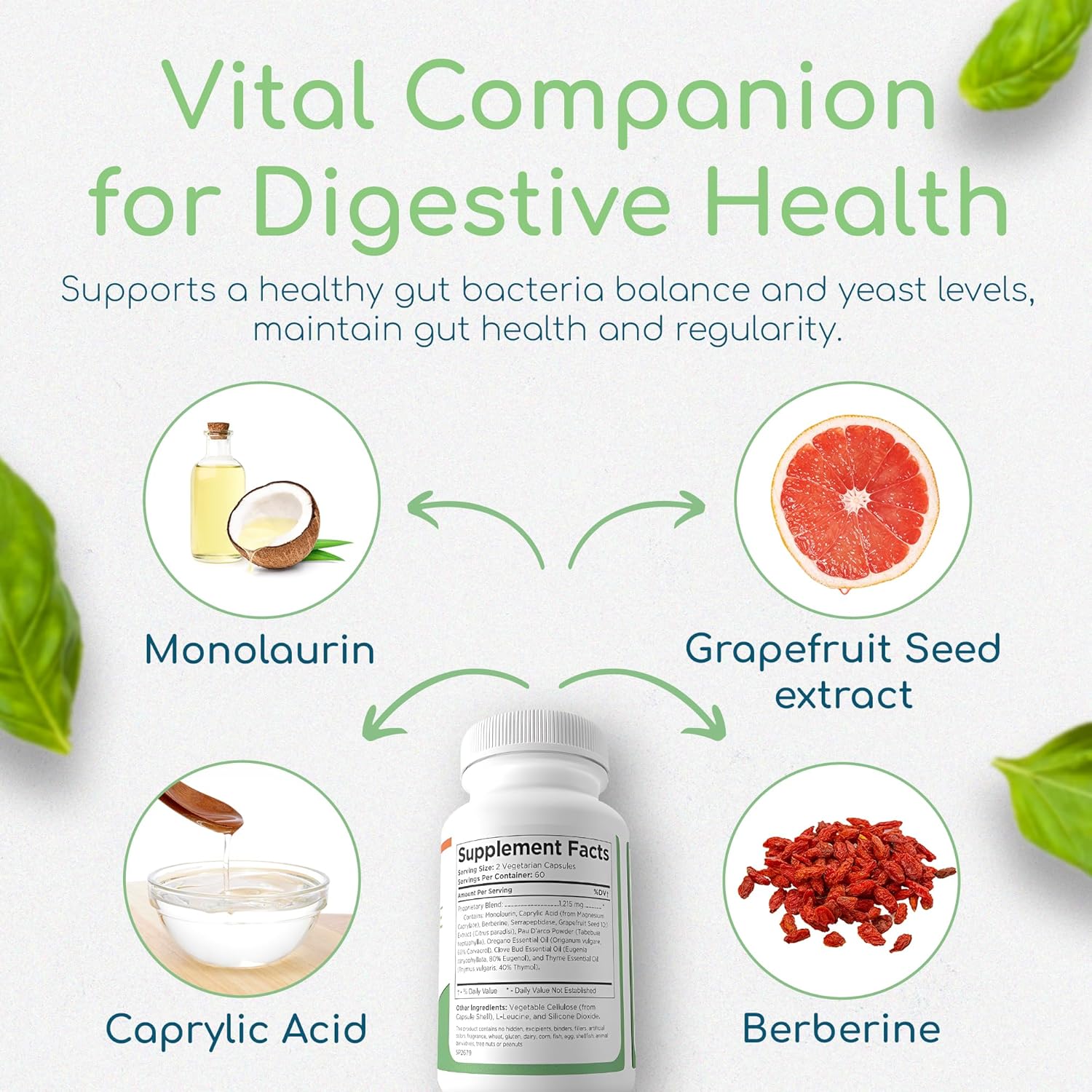 Natural Digestive Health Supplement for Men and Women - Promotes Healthy Microbiome Balance with Monolaurin and Caprylic Acid - Supports Gut Health and Detoxification - 120 Capsules