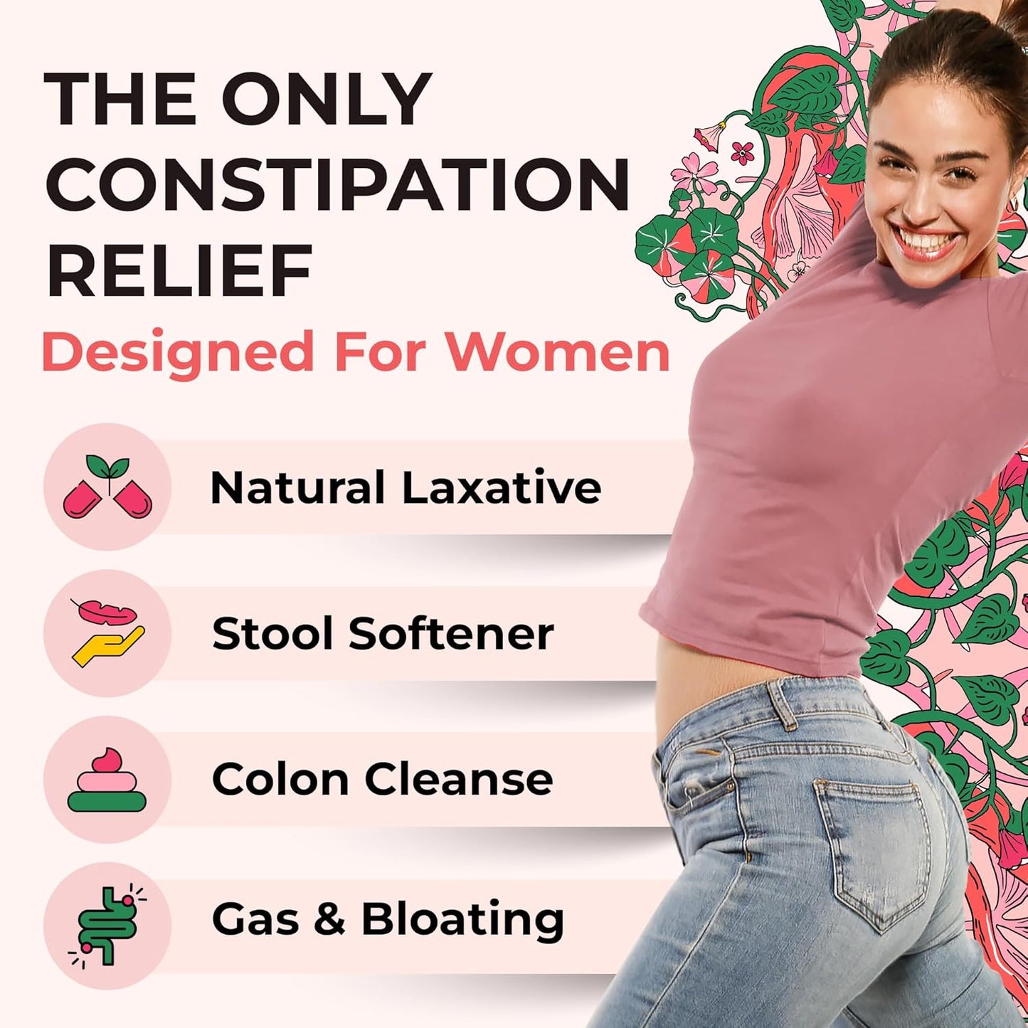 Natural Digestive Relief Capsules for Women - Gentle Laxative, Constipation, Gas, and Bloating Relief - Vegan and Gluten-Free - 100 Capsules