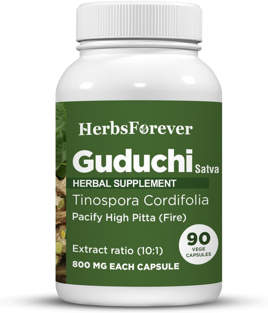 Natural Digestive Support Guduchi Sat Capsules - 90 Vegetarian Capsules, 800mg - Balances Vata and Pitta