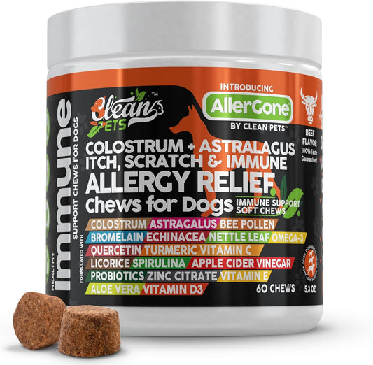 Natural Dog Allergy Relief Chews with Colostrum & Omega-3 - Immune Support for Itchy Skin - Bee Pollen, Bromelain, Echinacea & more - 1 Pack