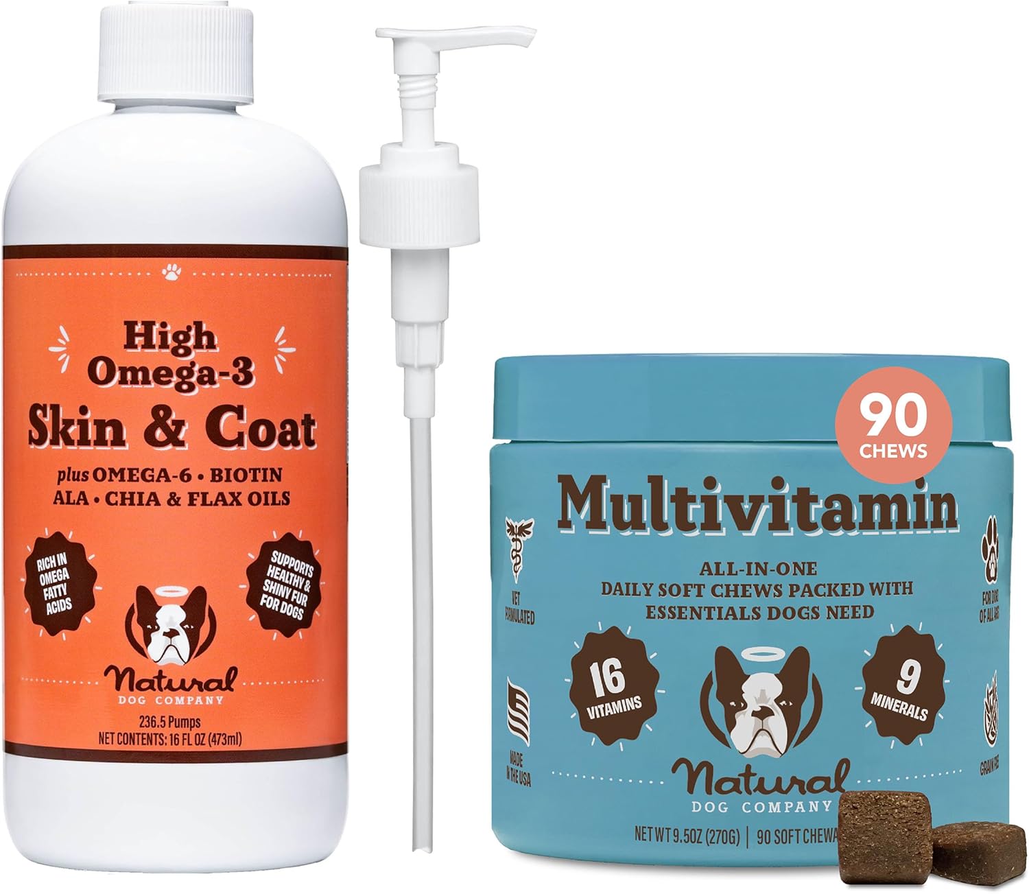 Natural Dog Company Itch Relief Bundle: Multivitamin Chews & Skin Coat Oil - Vitamins for Dogs, Itch Relief & Coat Supplement
