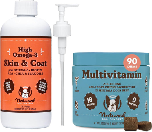 Natural Dog Company Itch Relief Bundle: Multivitamin Chews & Skin Coat Oil - Vitamins for Dogs, Itch Relief & Coat Supplement