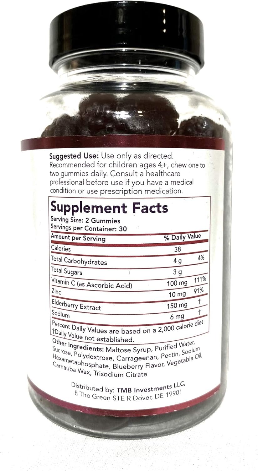 Natural Elderberry Immunity Support Gummies for Kids with Vitamin C & Zinc - Gluten Free, Vegetarian - 60 Gummies