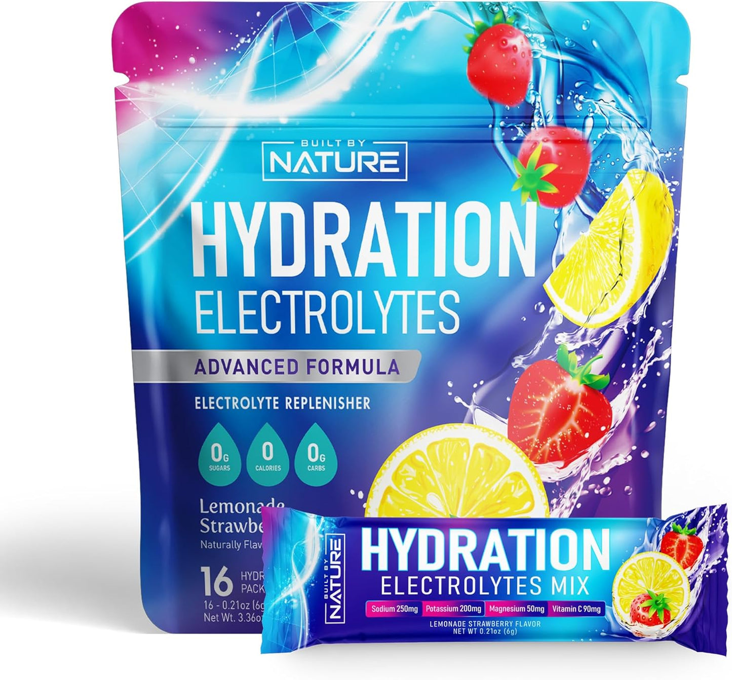Natural Electrolyte Powder Hydration Packets - Sugar Free Recovery Drink Mix with Sodium, Potassium, Magnesium, Calcium, Vitamin C & Zinc - Vegan Keto Strawberry Lemonade - 16 Sticks