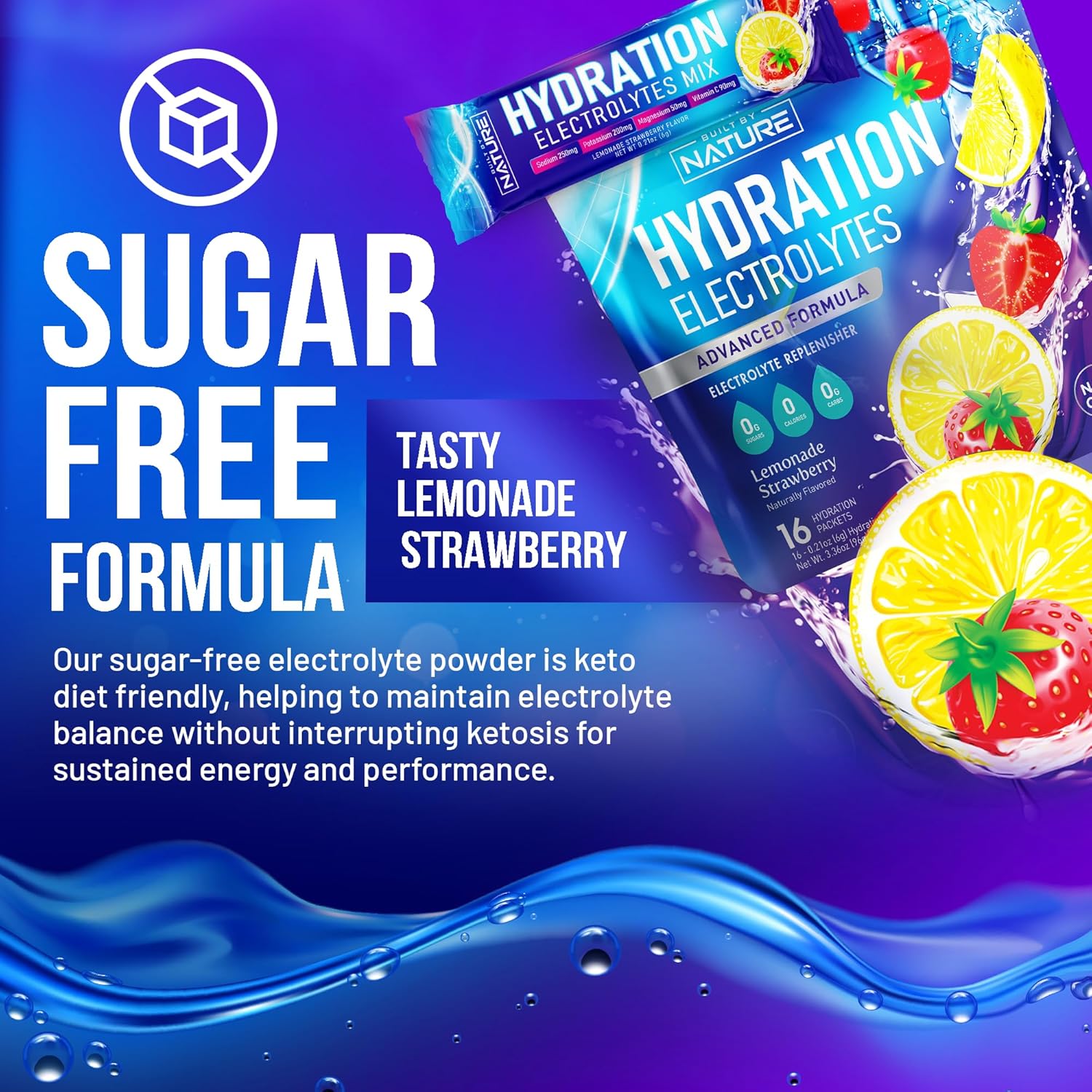 Natural Electrolyte Powder Hydration Packets - Sugar Free Recovery Drink Mix with Sodium, Potassium, Magnesium, Calcium, Vitamin C & Zinc - Vegan Keto Strawberry Lemonade - 16 Sticks