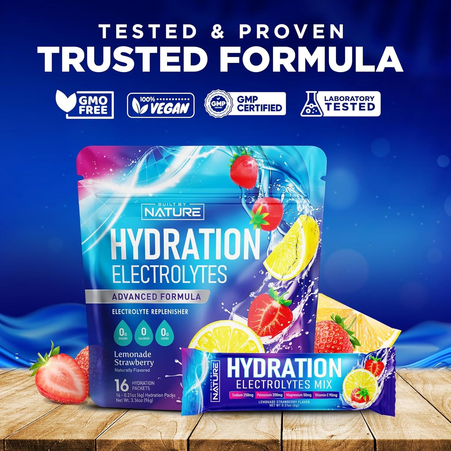 Natural Electrolyte Powder Hydration Packets - Sugar Free Recovery Drink Mix with Sodium, Potassium, Magnesium, Calcium, Vitamin C & Zinc - Vegan Keto Strawberry Lemonade - 16 Sticks