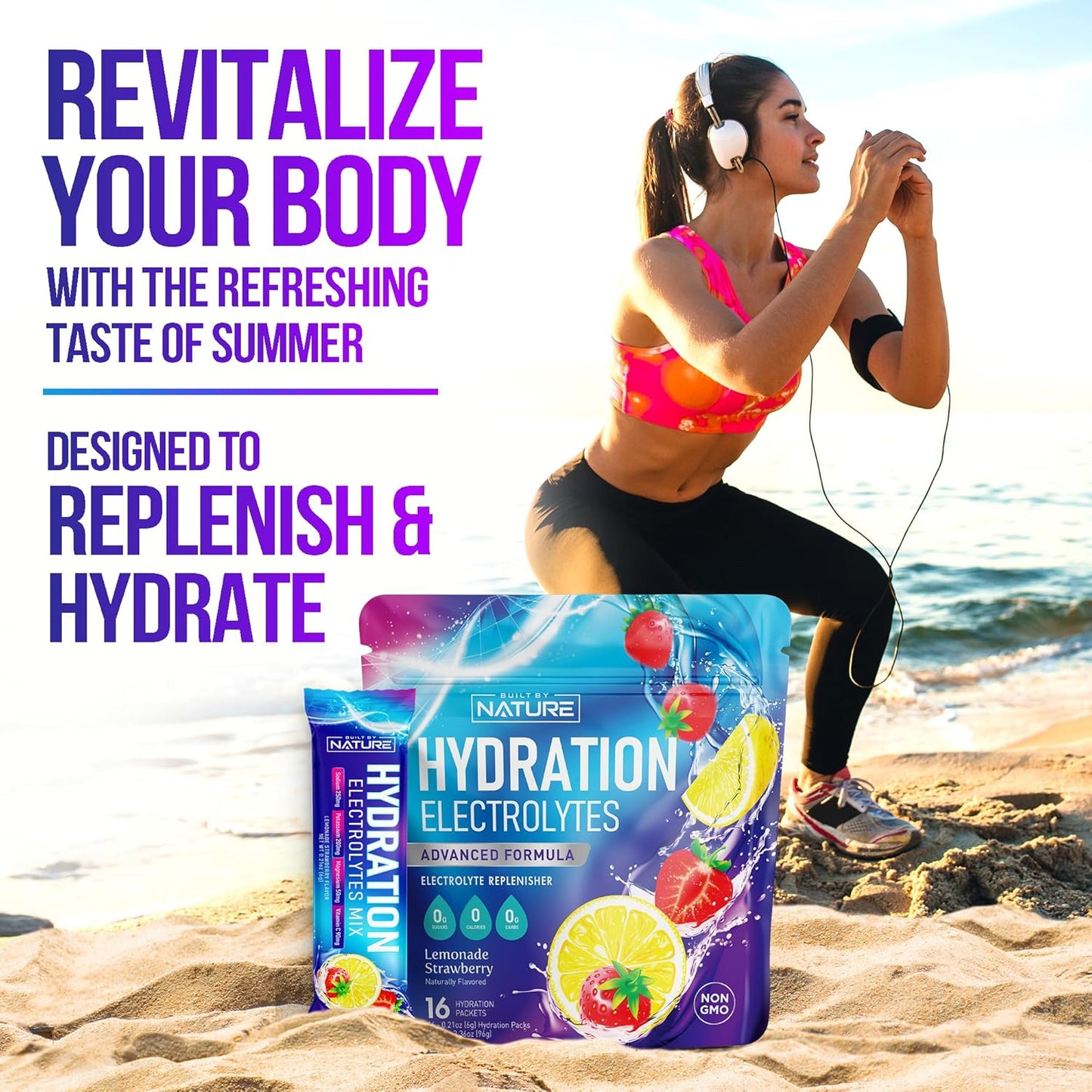 Natural Electrolyte Powder Hydration Packets - Sugar Free Recovery Drink Mix with Sodium, Potassium, Magnesium, Calcium, Vitamin C & Zinc - Vegan Keto Strawberry Lemonade - 16 Sticks