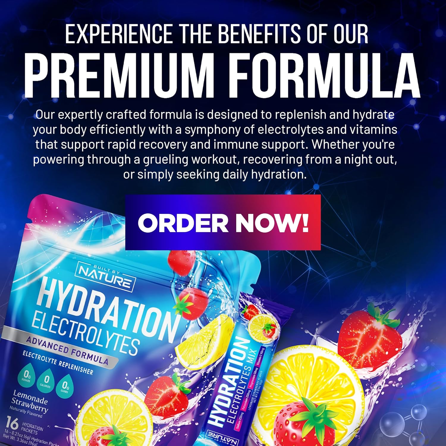 Natural Electrolyte Powder Hydration Packets - Sugar Free Recovery Drink Mix with Sodium, Potassium, Magnesium, Calcium, Vitamin C & Zinc - Vegan Keto Strawberry Lemonade - 16 Sticks