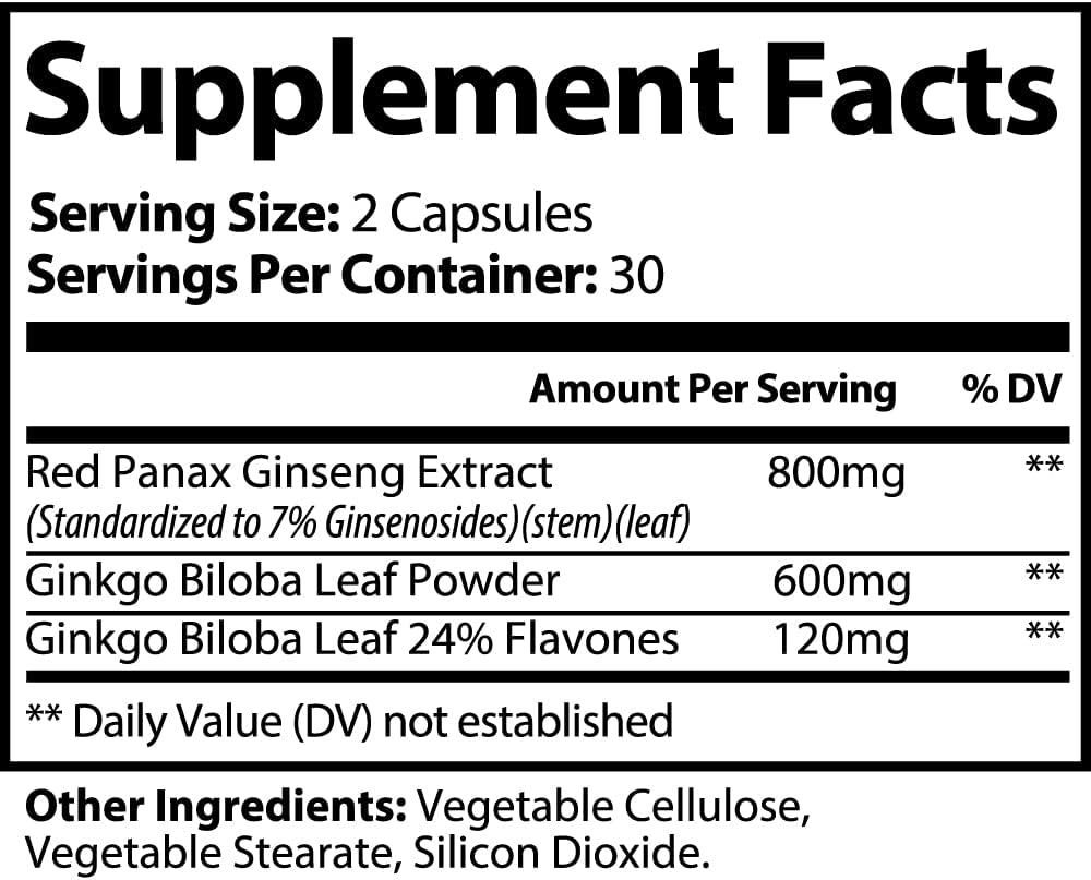 Natural Energy and Focus Supplement with Ginseng and Ginkgo Biloba - 30 Servings