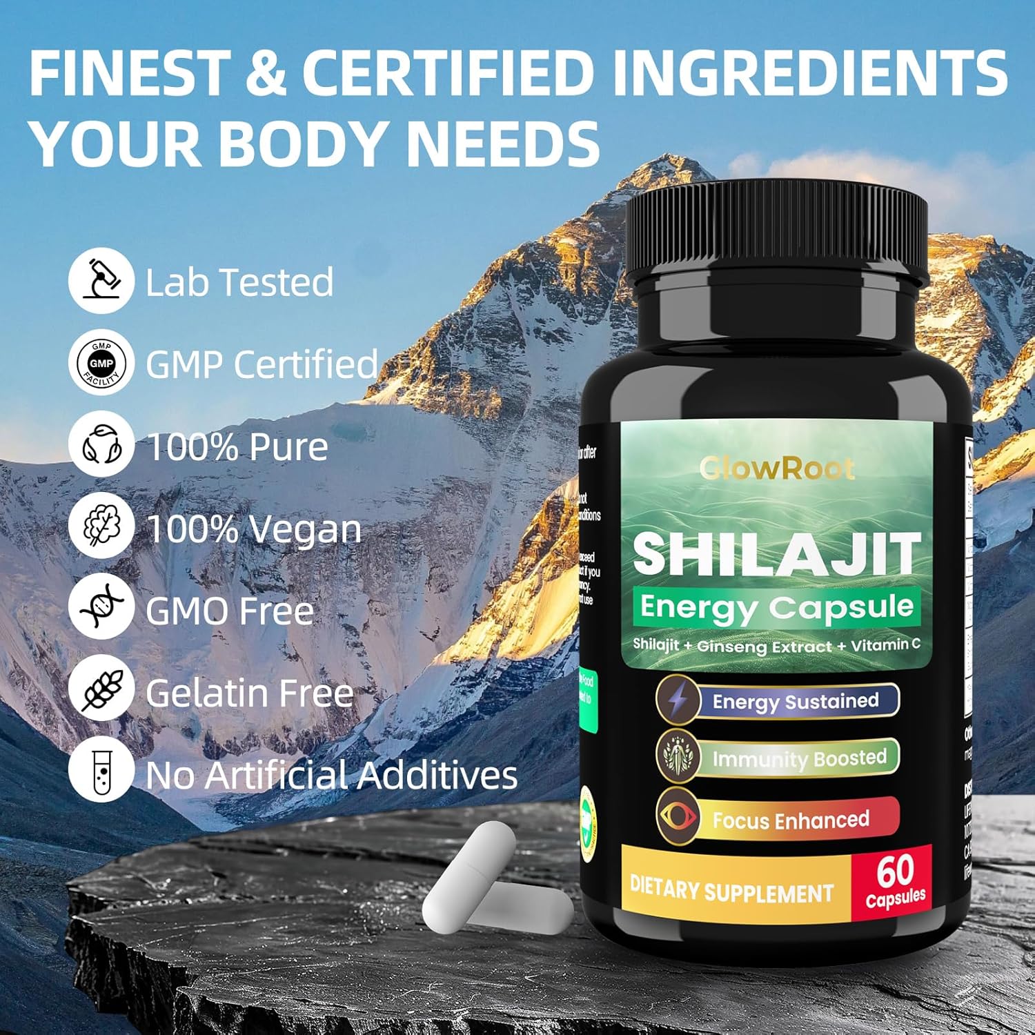 Natural Energy Boost Shilajit Capsules with Fulvic Acid, Minerals, Taurine, Vitamin C, B, Guarana Extract - 60 Capsules for Immune Health and Vitality