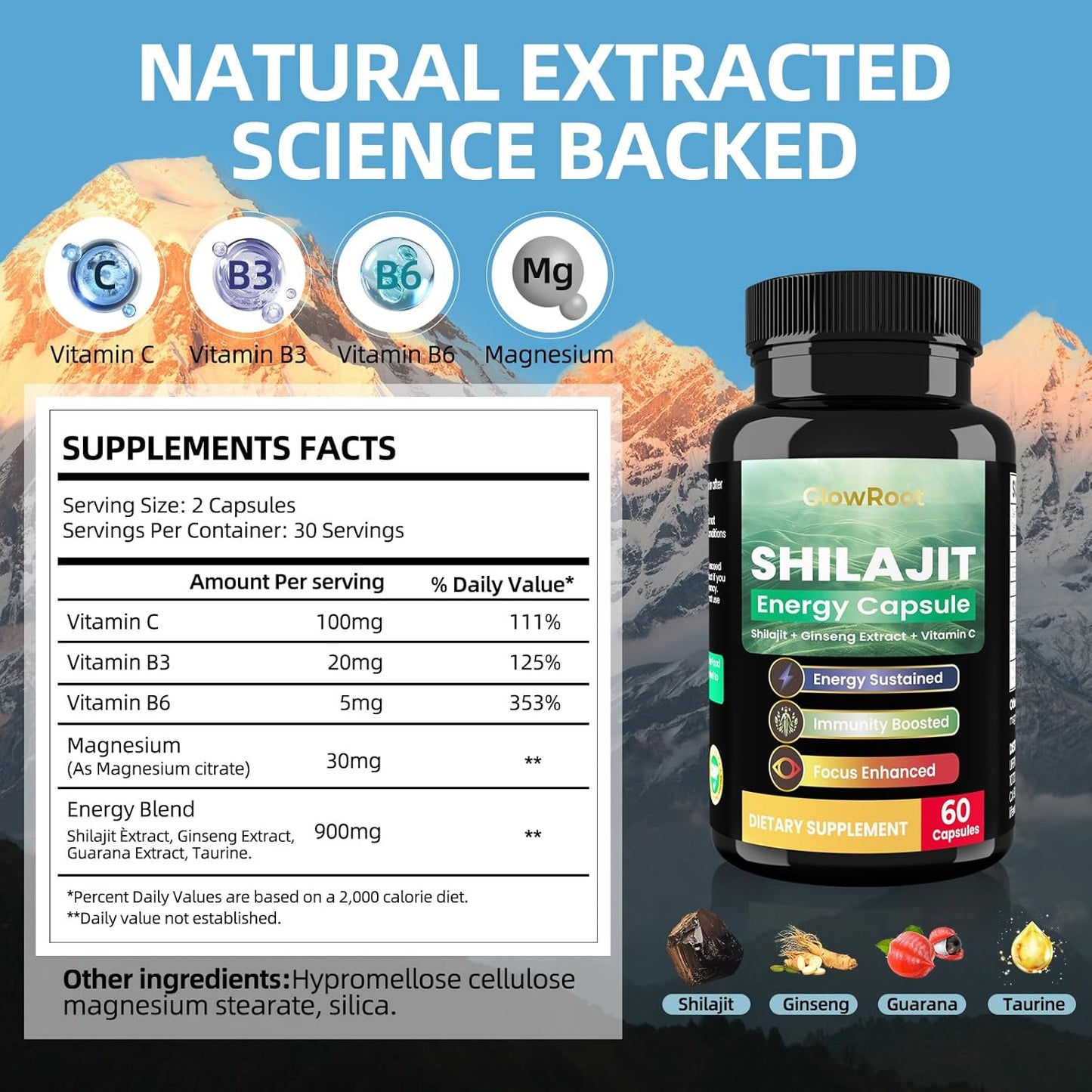 Natural Energy Boost Shilajit Capsules with Fulvic Acid, Minerals, Taurine, Vitamin C, B, Guarana Extract - 60 Capsules for Immune Health and Vitality