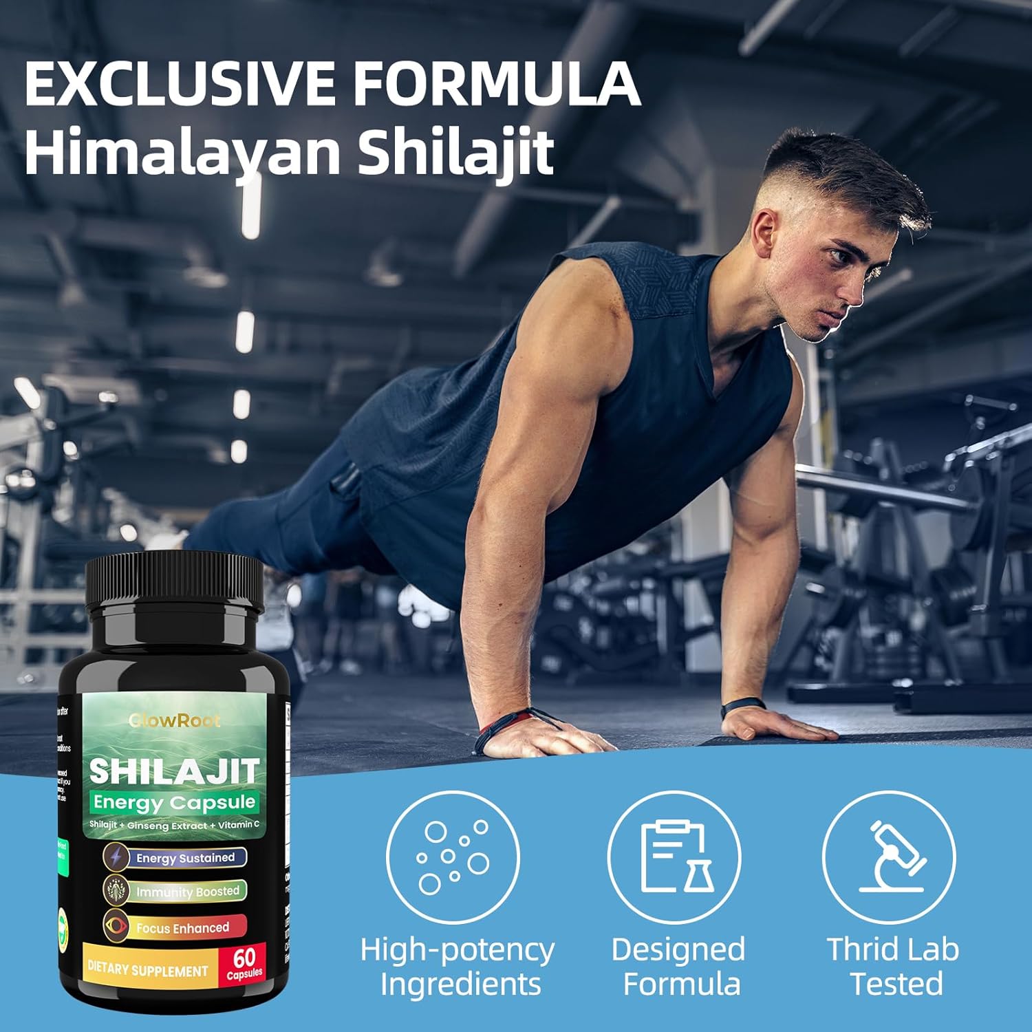 Natural Energy Boost Shilajit Capsules with Fulvic Acid, Minerals, Taurine, Vitamin C, B, Guarana Extract - 60 Capsules for Immune Health and Vitality