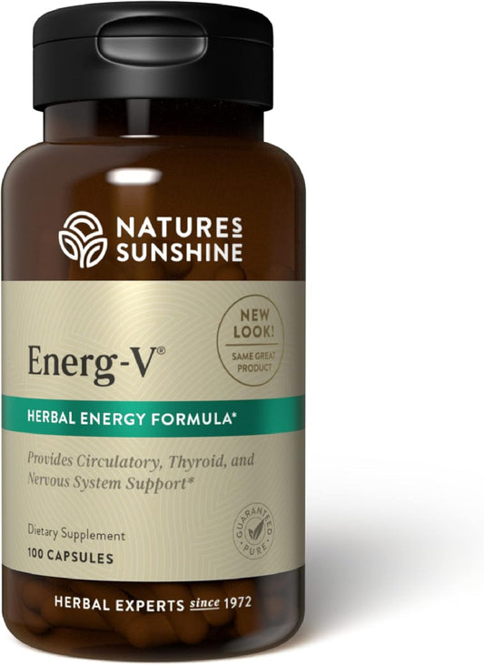 Natural Energy Boost Supplement - Nature's Sunshine Energ-V Capsules - 100 Count