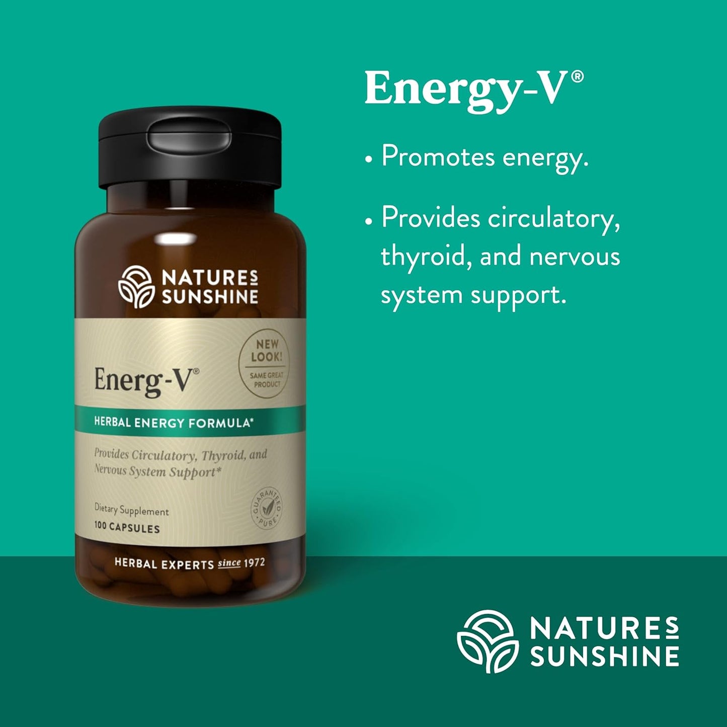 Natural Energy Boost Supplement - Nature's Sunshine Energ-V Capsules - 100 Count