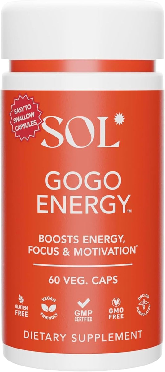 Natural Energy Boost Supplement for Men & Women: Sol Nutrition GoGo Energy - Cortisol Regulation, Focus Support, Herbal Alternative