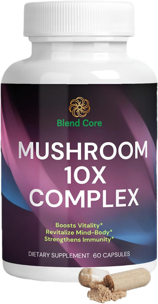 Natural Energy & Stress Relief Supplement - 10X Mushroom Complex with Lions Mane, Reishi, and Cordyceps - Immune Boost, Focus, & Memory Support - Non-GMO Formula