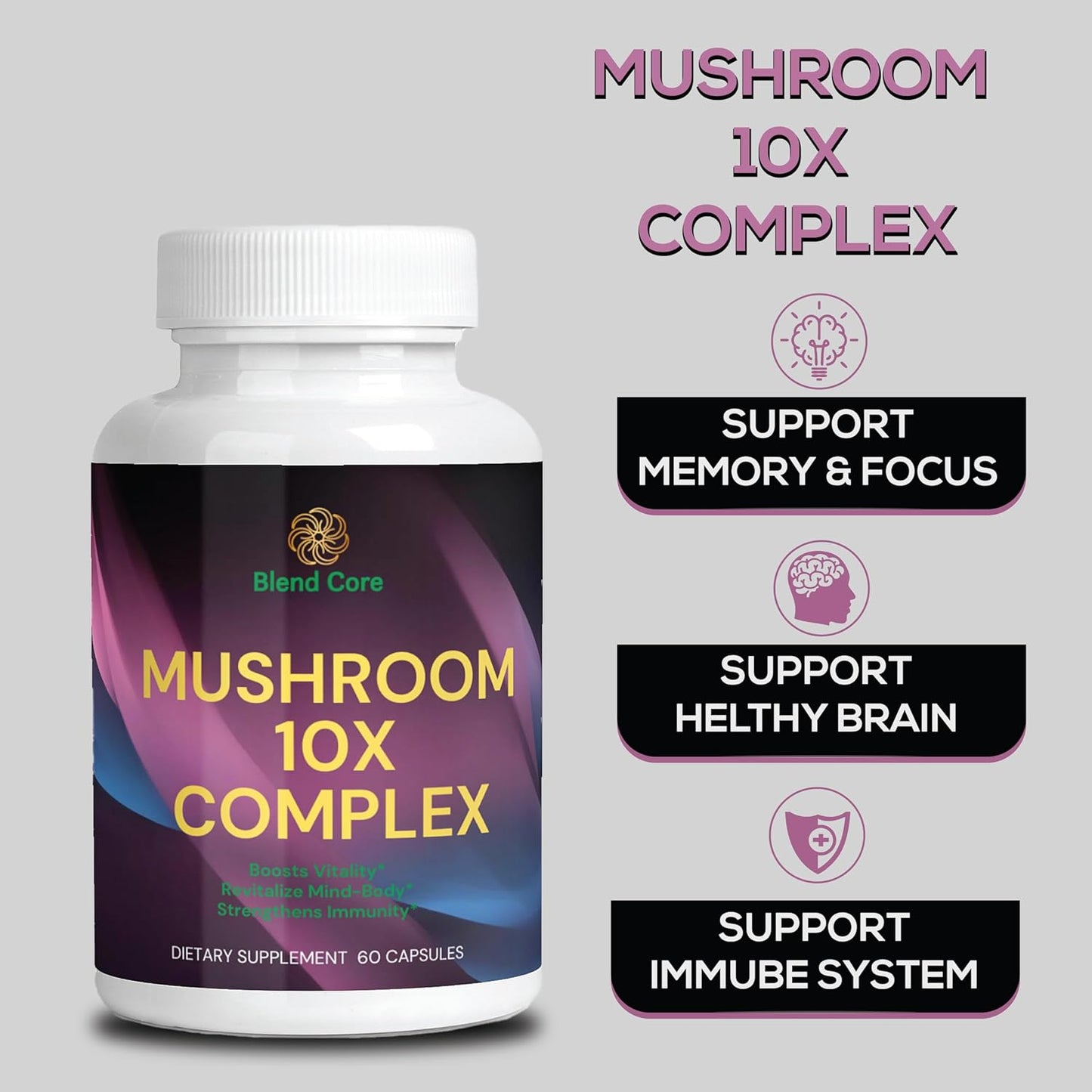 Natural Energy & Stress Relief Supplement - 10X Mushroom Complex with Lions Mane, Reishi, and Cordyceps - Immune Boost, Focus, & Memory Support - Non-GMO Formula