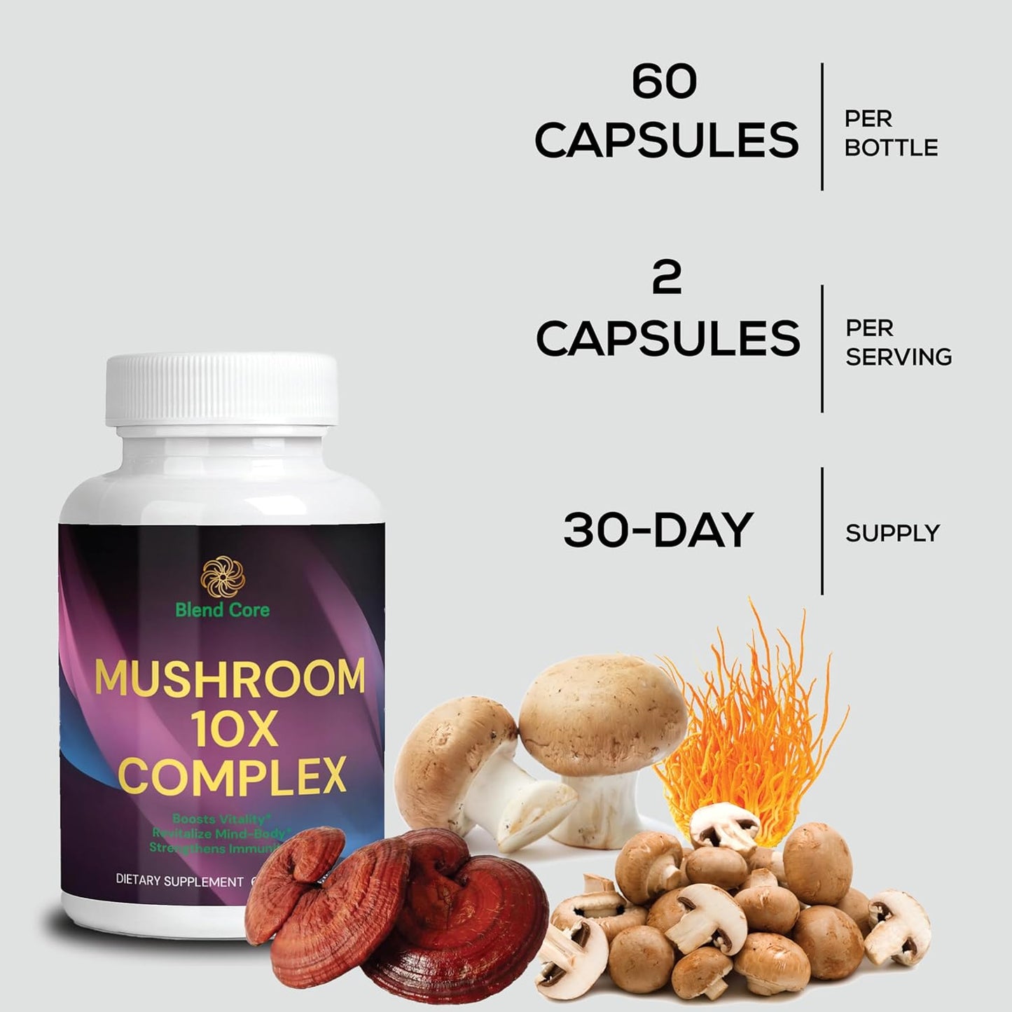 Natural Energy & Stress Relief Supplement - 10X Mushroom Complex with Lions Mane, Reishi, and Cordyceps - Immune Boost, Focus, & Memory Support - Non-GMO Formula
