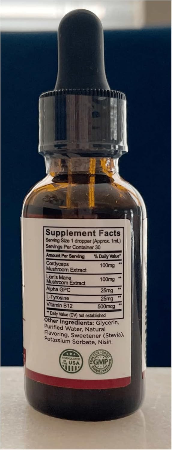 Natural Energy Supplement Drops with Mushroom, Cordyceps, Alpha GPC, L-Tyrosine & Vitamin B12 - Liquid Drink Enhancer for Focus and Maximum Energy Absorption - Gluten-Free Formula