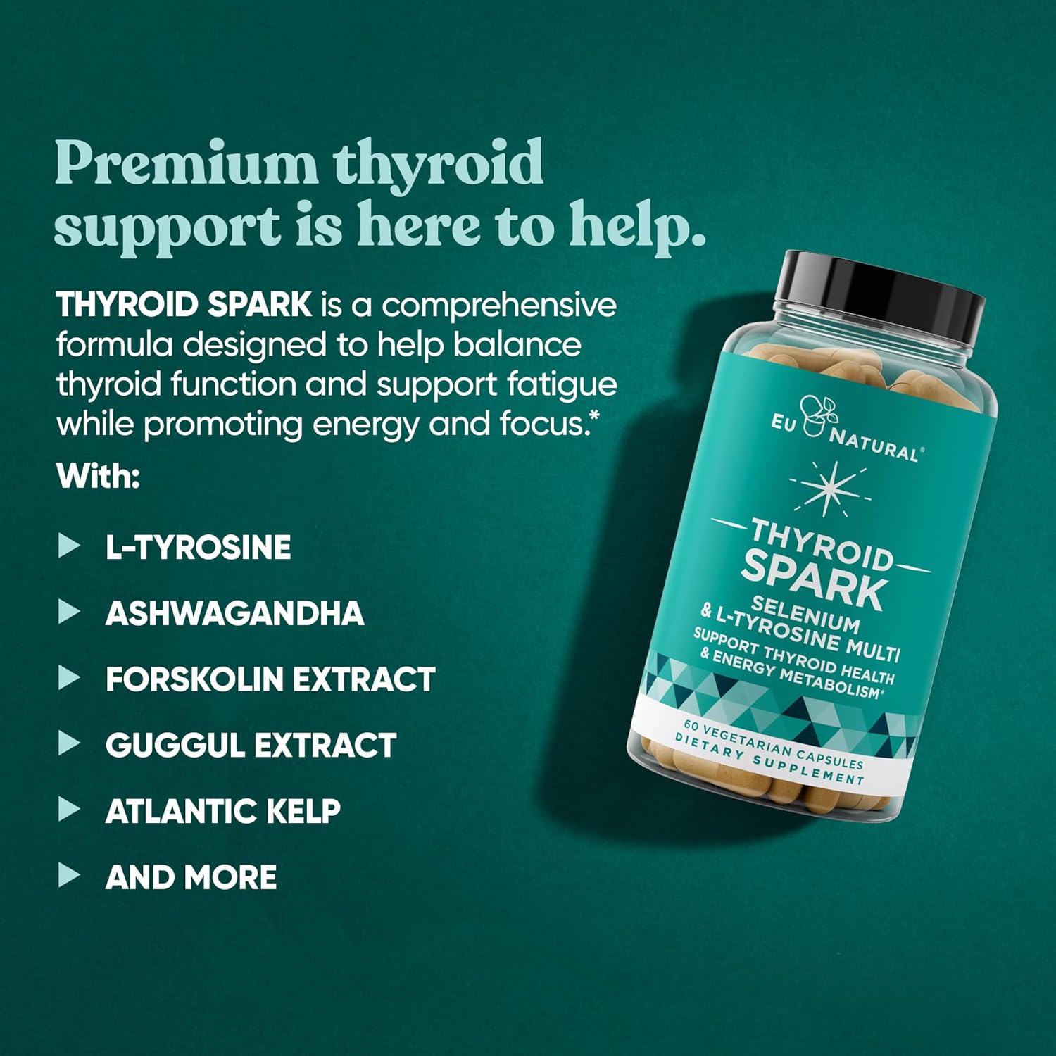 Natural Energy Support Supplement - Combat Fatigue, Hormone Balance, Enhanced Focus - Zinc, Selenium, Iodine - 60 Vegan Capsules