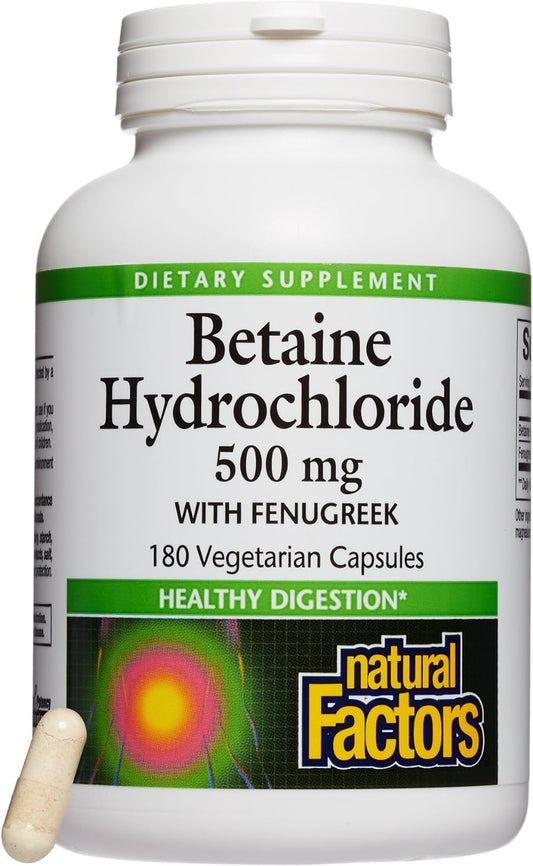 Natural Factors Betaine HCL 500mg Capsules for Healthy Digestion & Microbiome - 180 Servings